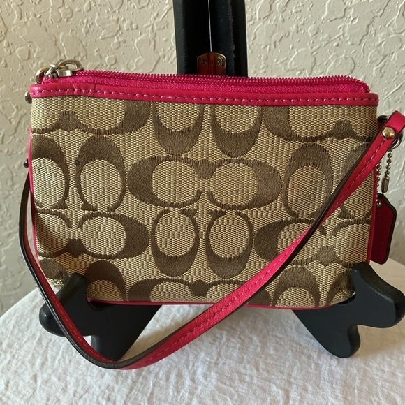 Coach: Khaki/Pink Signature Canvas/Leather wristlet/Clutch- 2 card slots - Picture 10 of 16